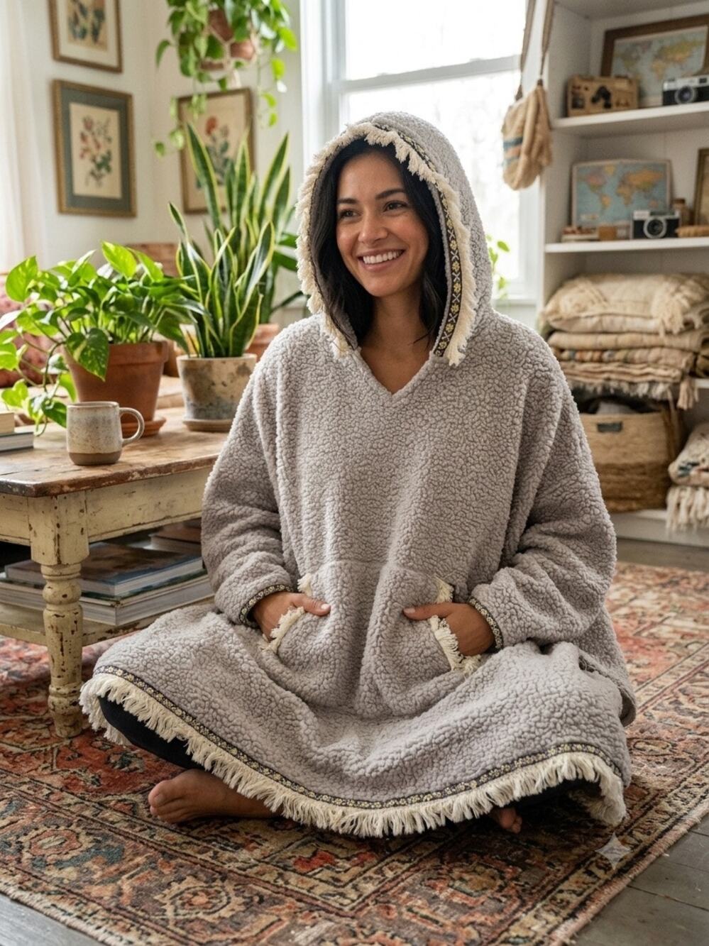 Natural Life Gray Sherpa Blanket Hoodie Poncho Fringe Trim Embroidered Boho OS‎